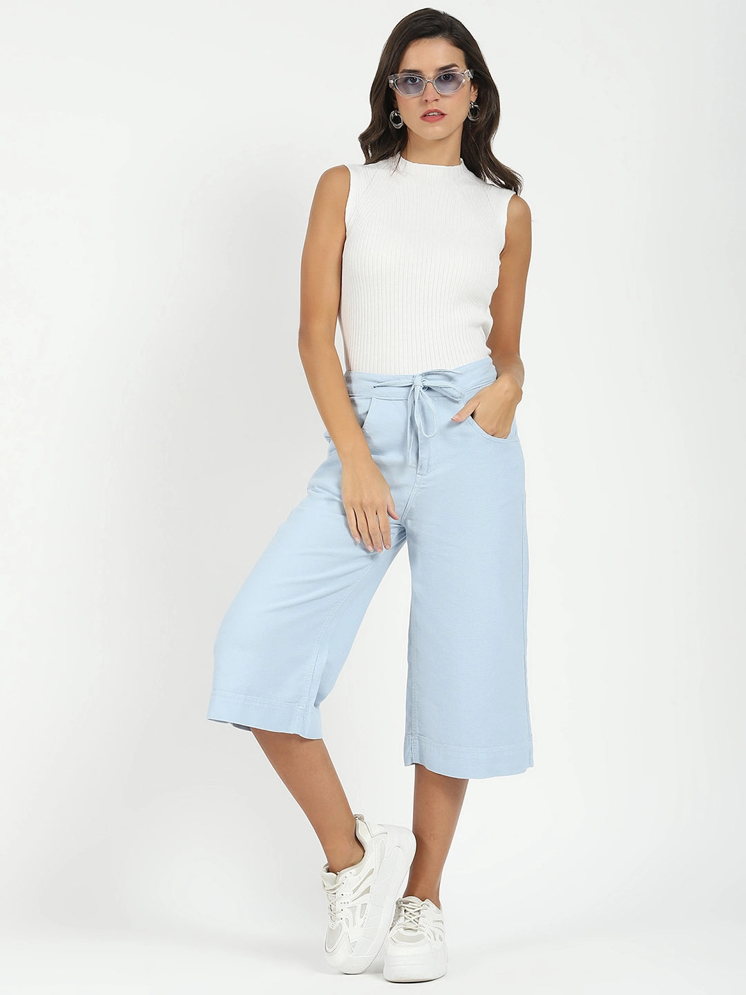 Blue Cotton Relaxed Fit Culottes