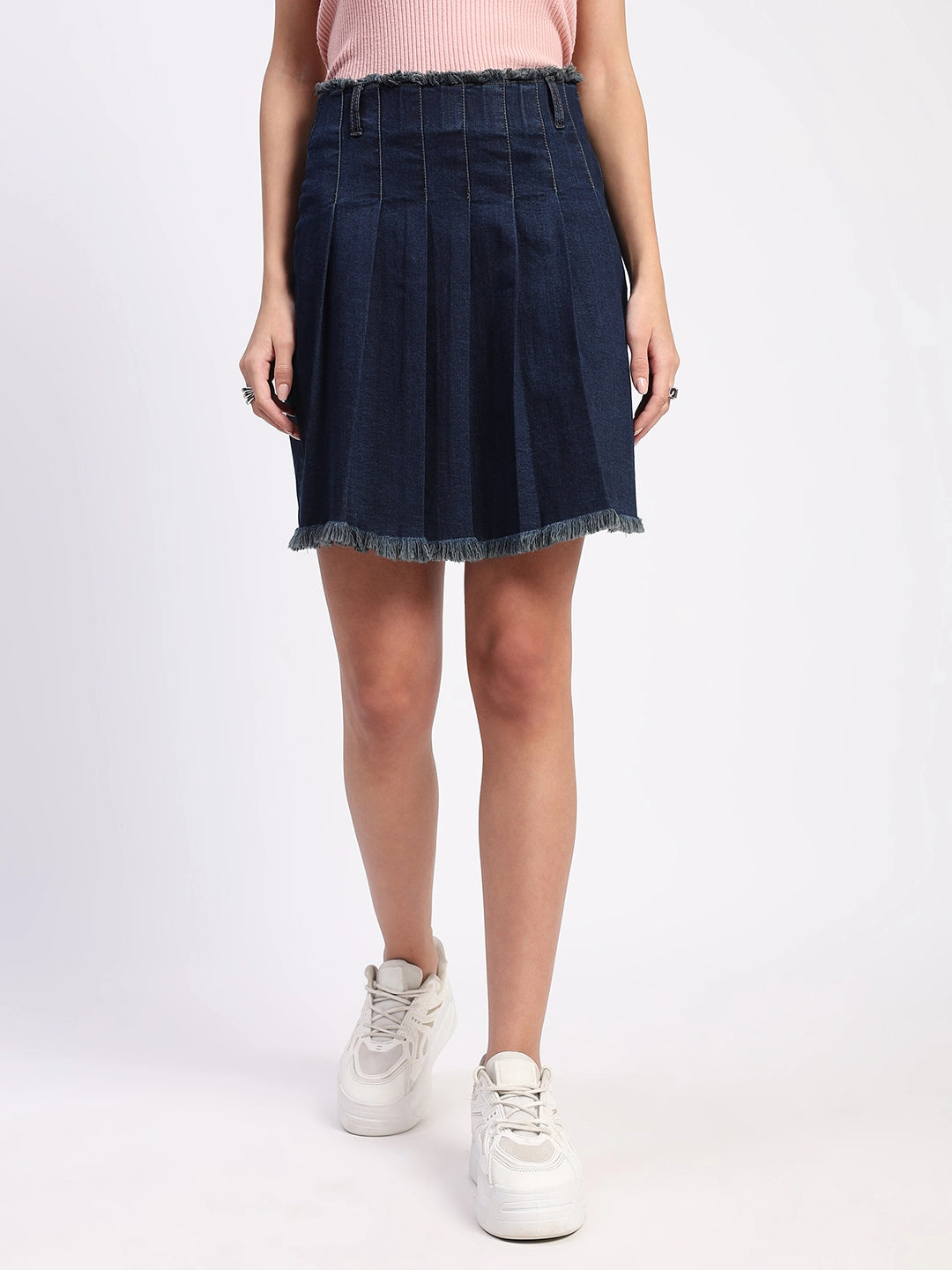 Denim Box-Pleated Mini Skirt