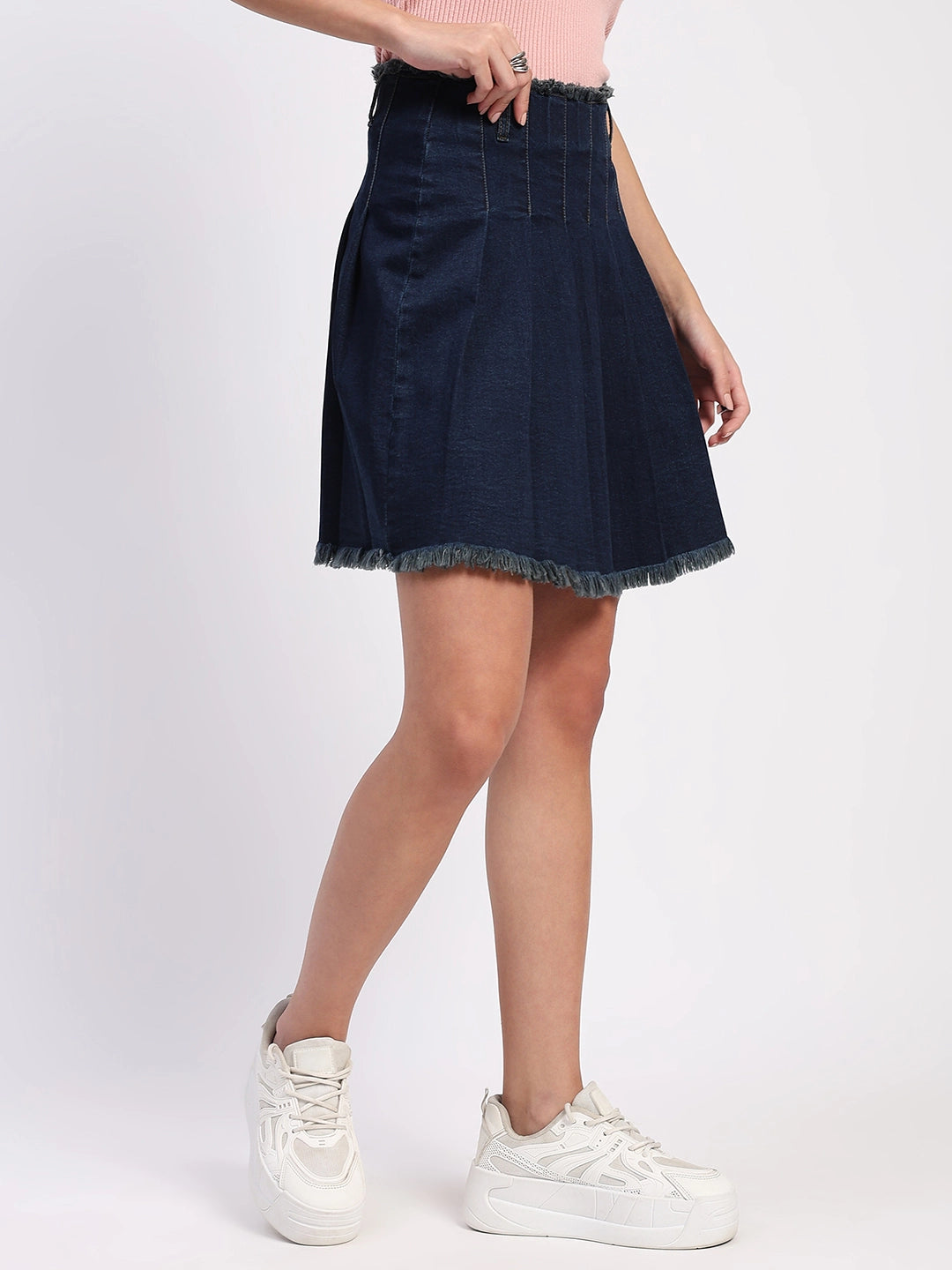 Denim Box-Pleated Mini Skirt