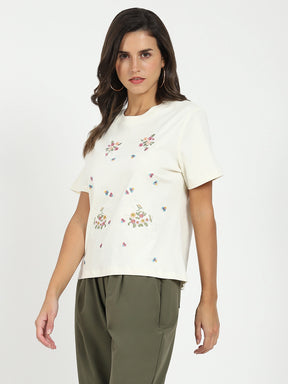 Cream Floral Embroidered Top