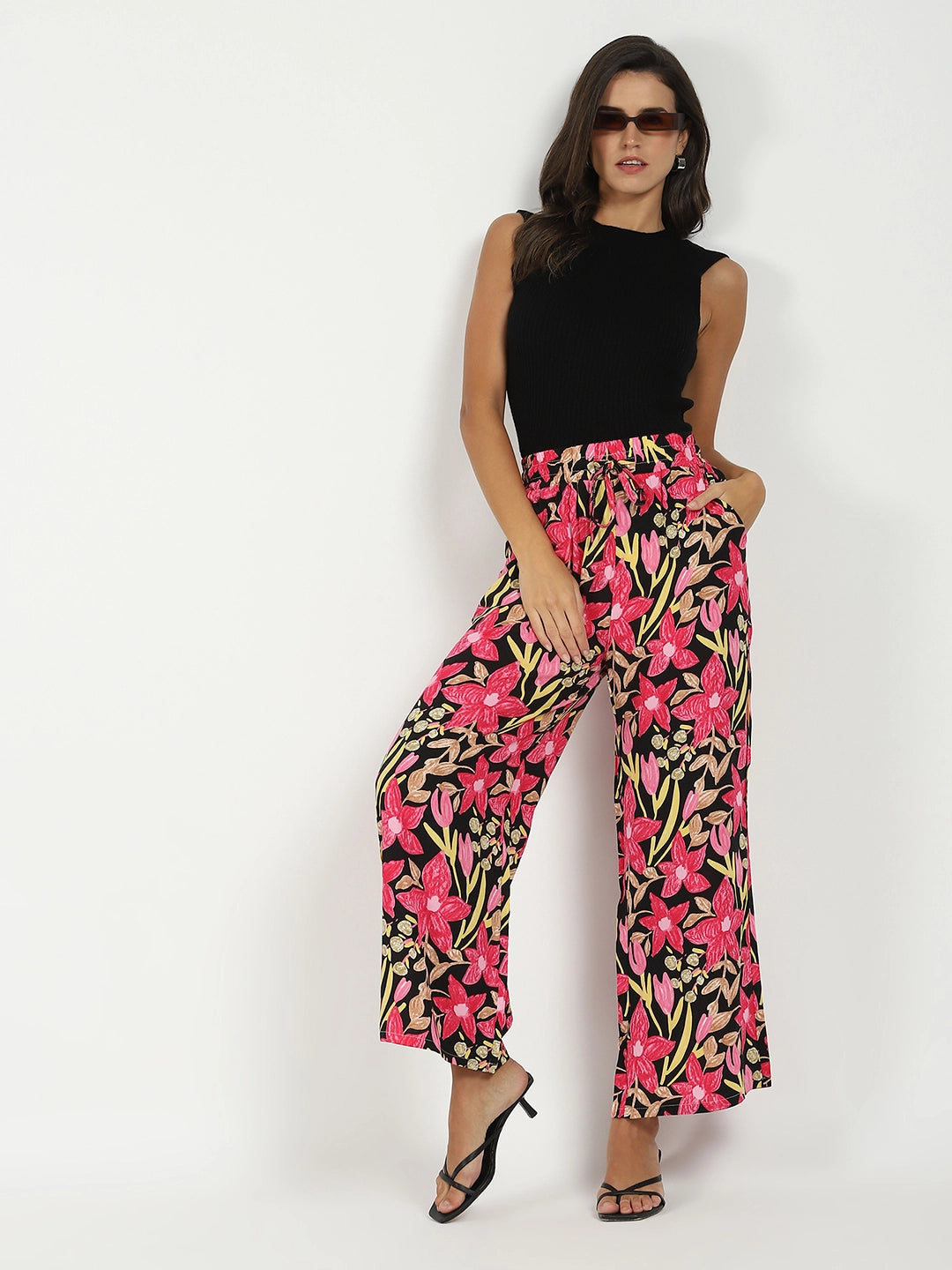 Black & Pink Printed Rayon Lower