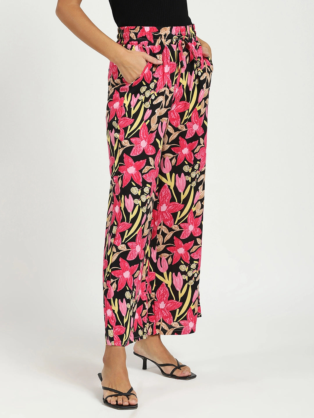 Black & Pink Printed Rayon Lower