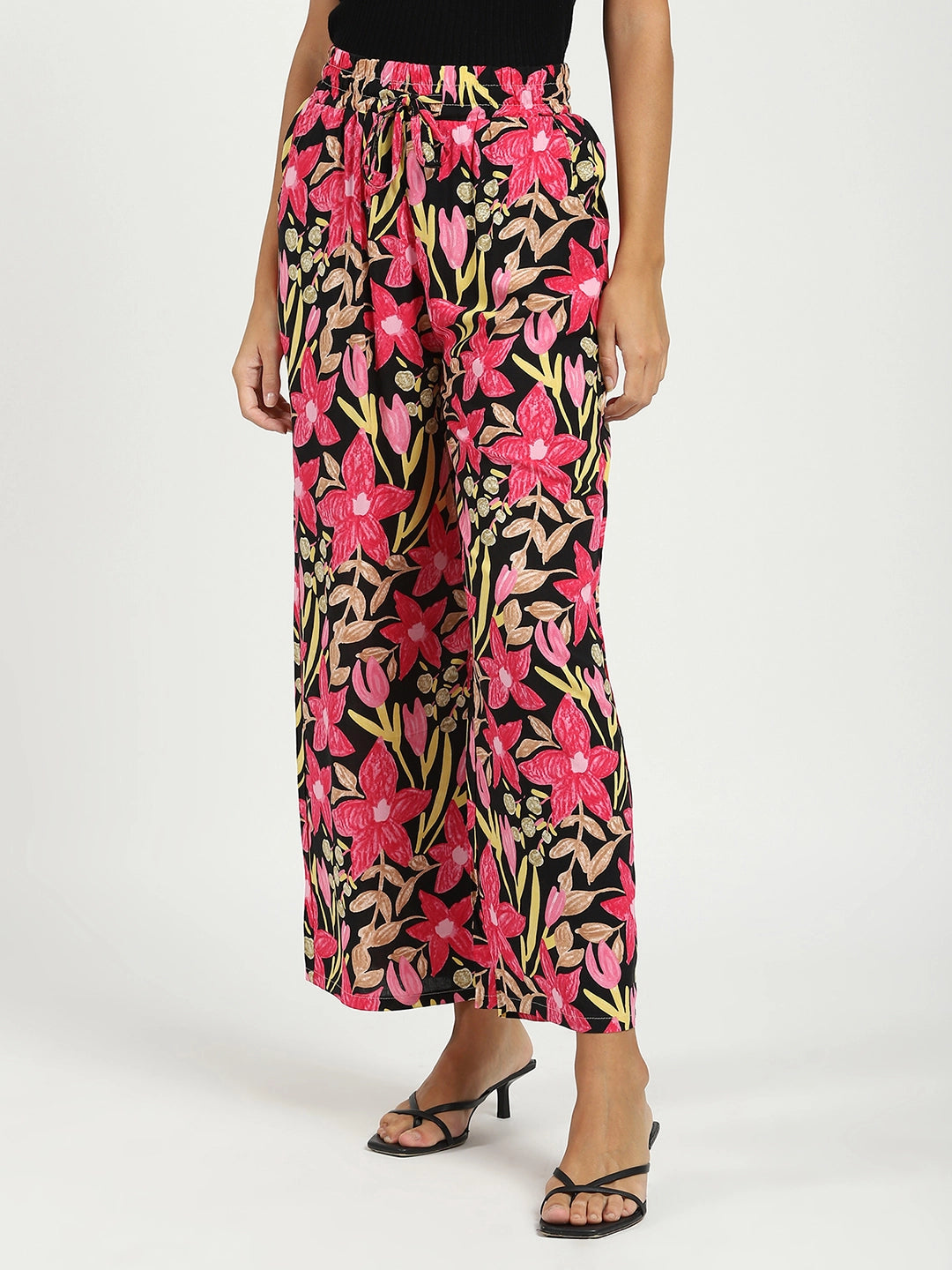 Black & Pink Printed Rayon Lower