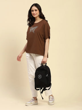Brown Embroidered Cotton Boxy Top