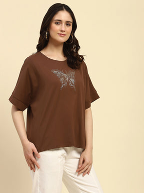Brown Embroidered Cotton Boxy Top