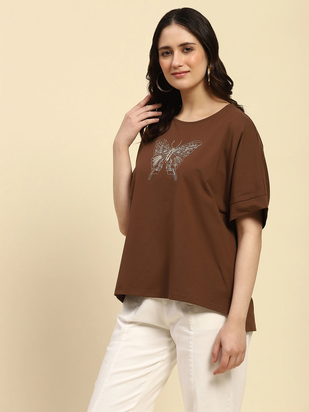 Brown Embroidered Cotton Boxy Top