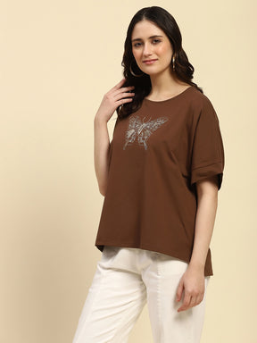 Brown Embroidered Cotton Boxy Top