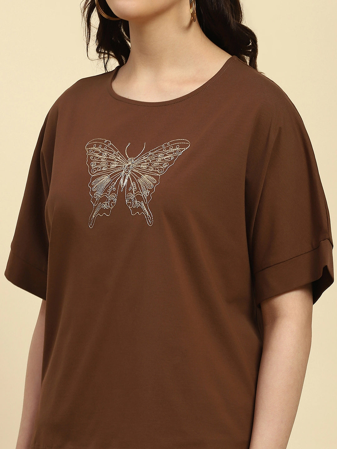 Brown Embroidered Cotton Boxy Top
