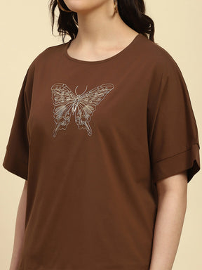Brown Embroidered Cotton Boxy Top