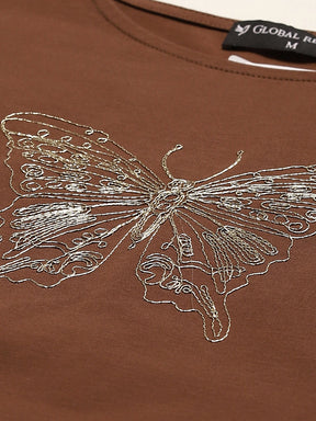Brown Embroidered Cotton Boxy Top