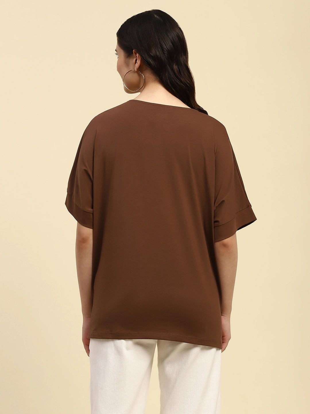 Brown Embroidered Cotton Boxy Top