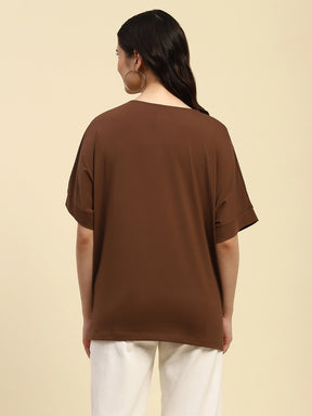 Brown Embroidered Cotton Boxy Top