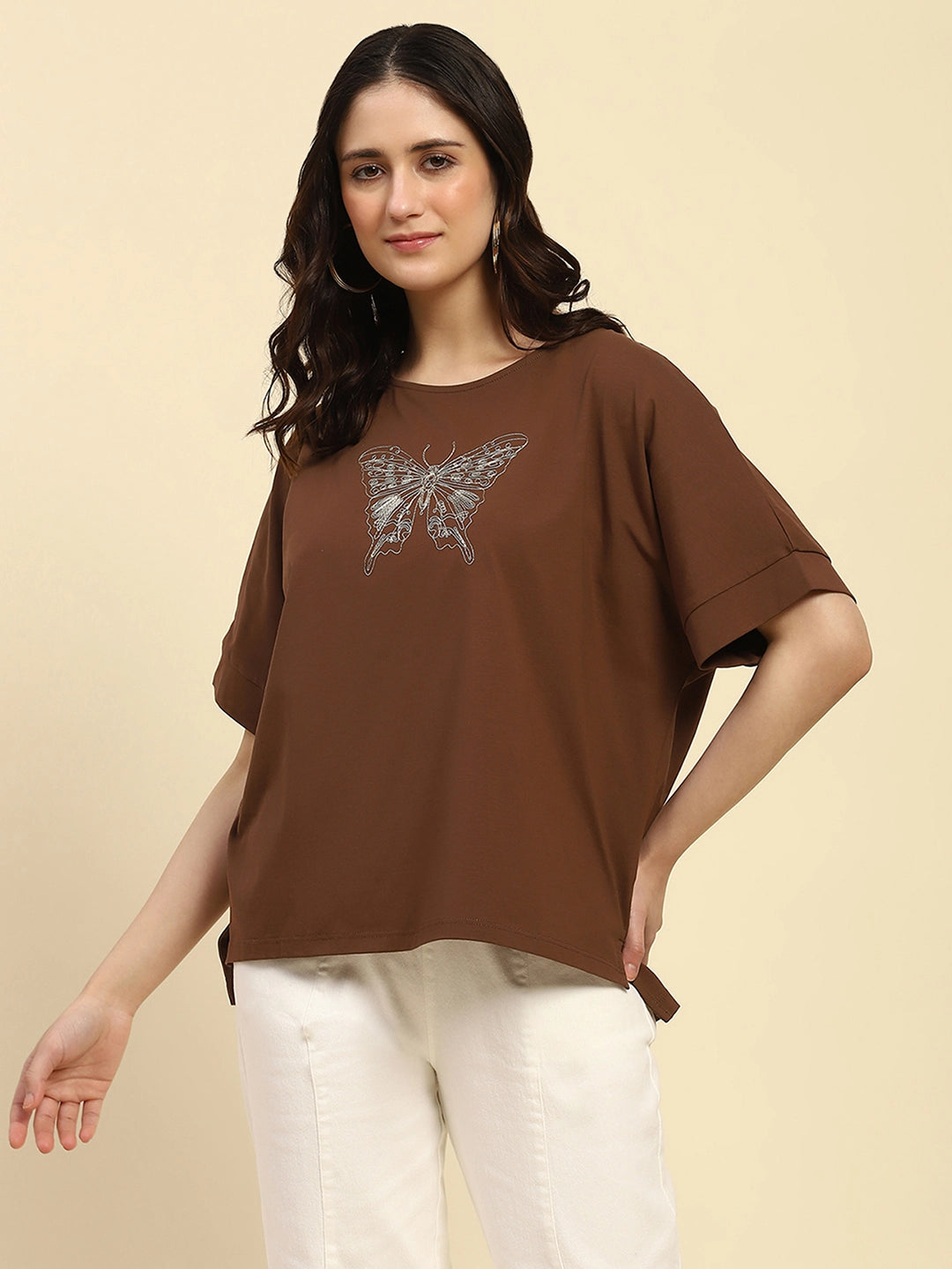 Brown Embroidered Cotton Boxy Top