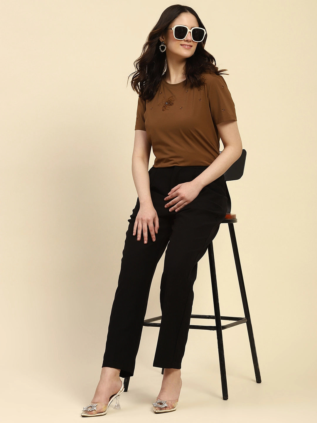Brown Embroidered Modal Top
