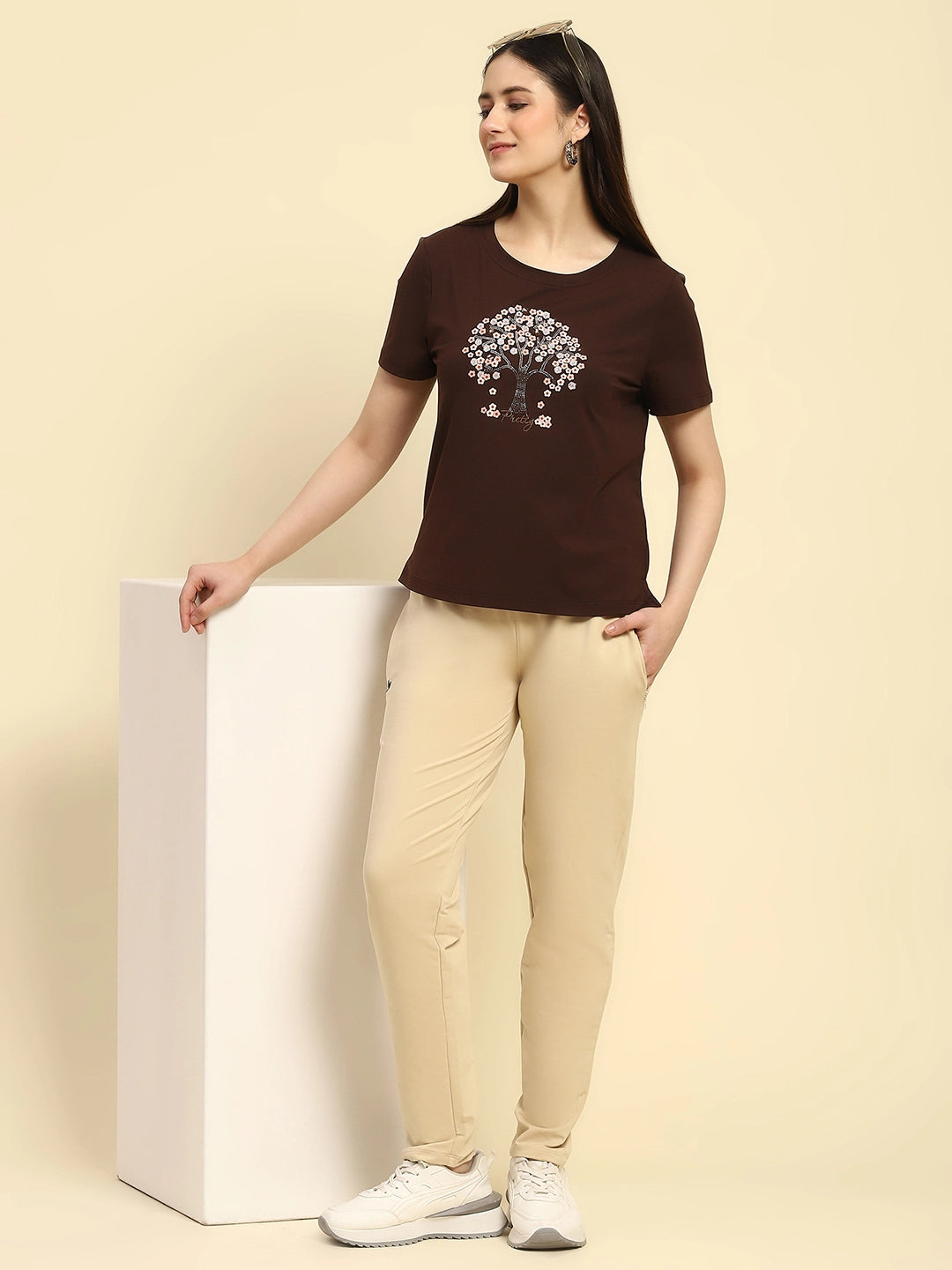 Brown Embroidered Modal Top