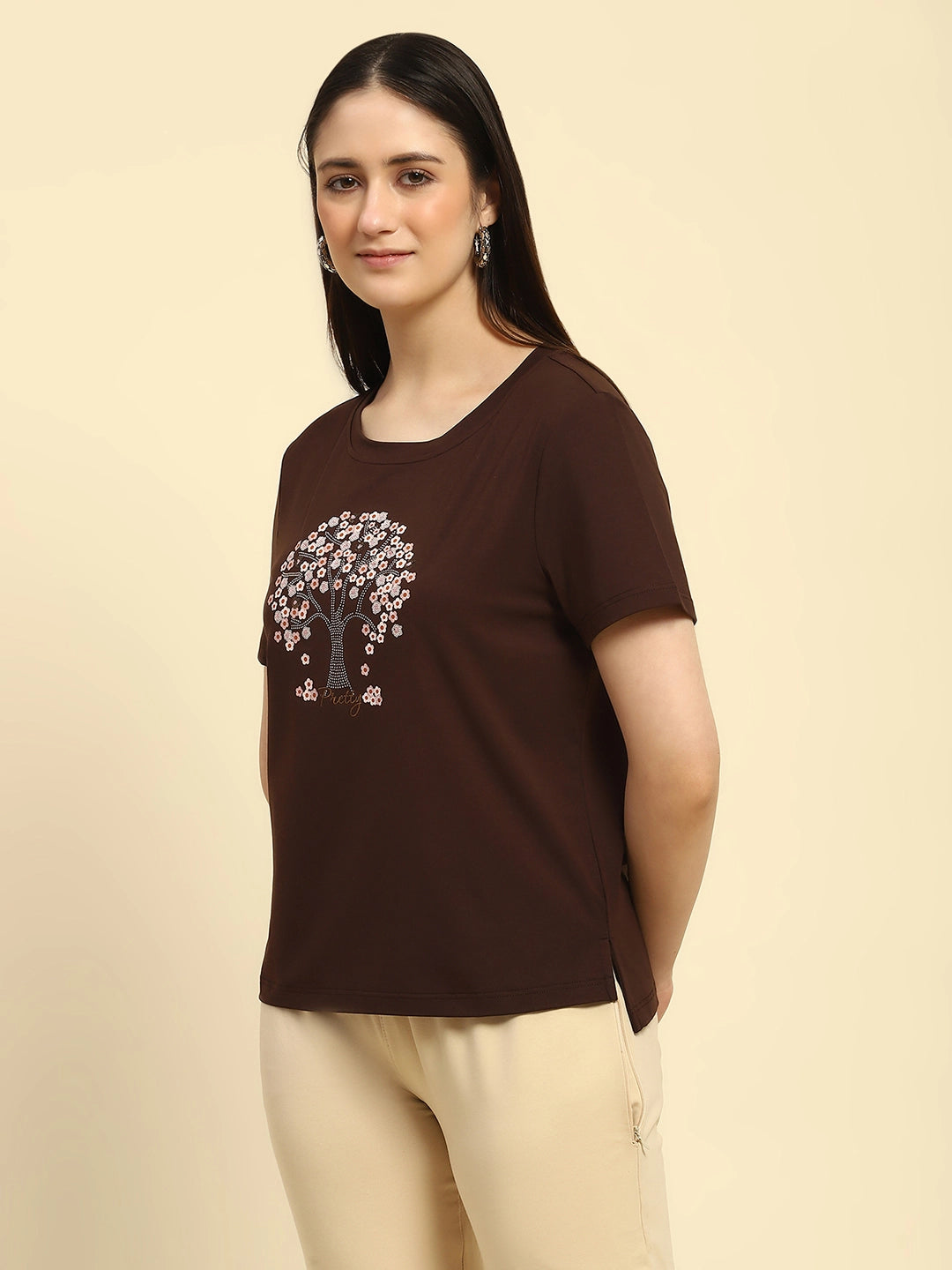 Brown Modal Embroidered Top - Global Republic