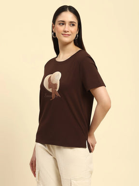 Brown Embroidered Modal Top