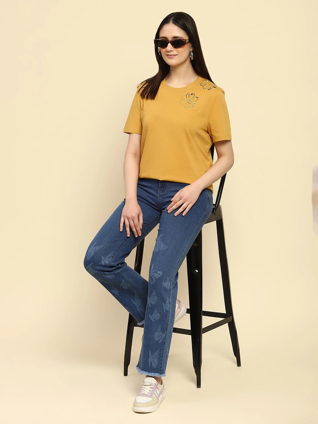 Mustard Cut Work UV Protection Top