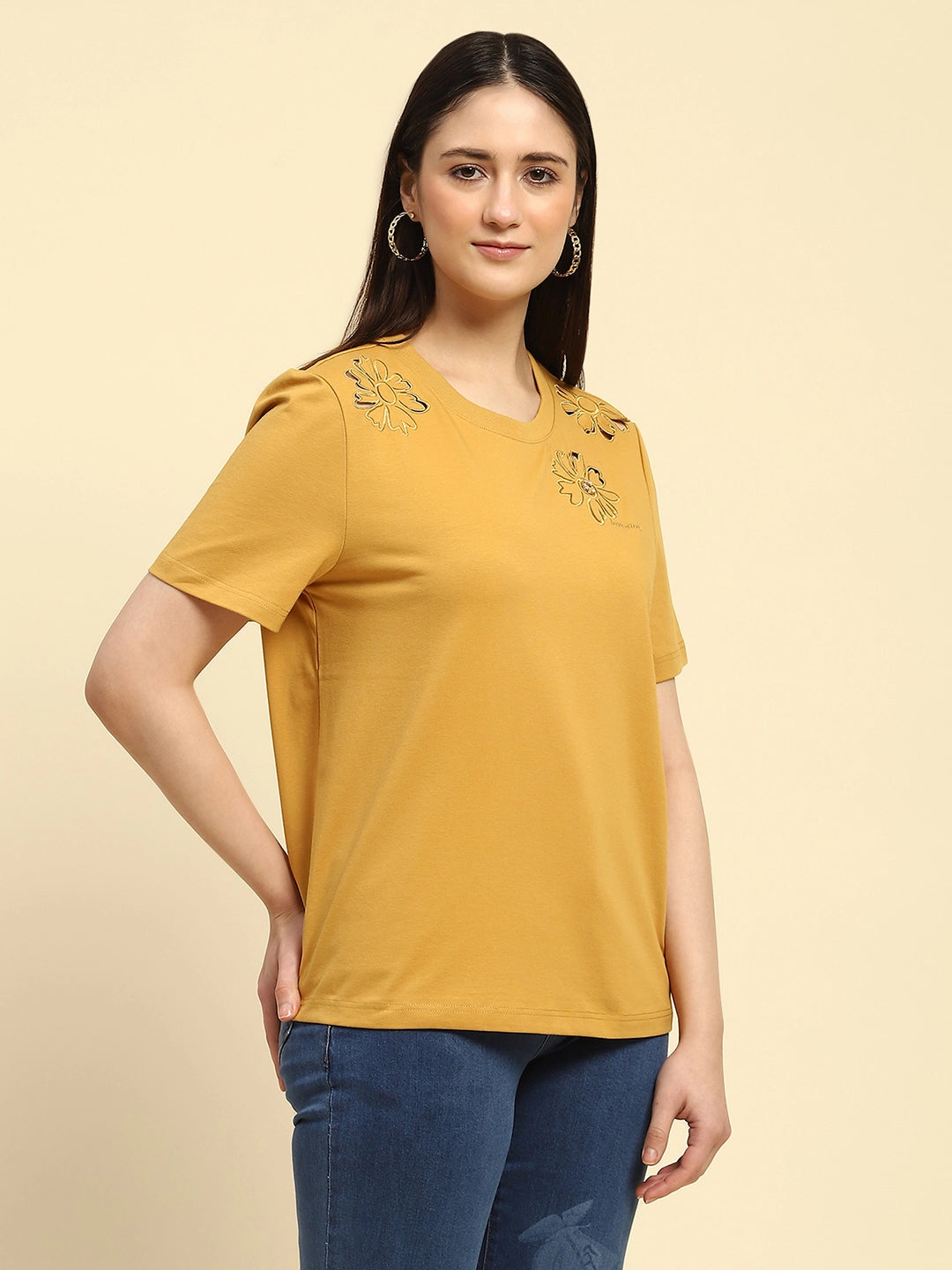Mustard Cut Work UV Protection Top