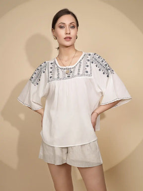 White Embroidered Cotton Loose Top