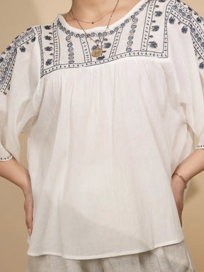 White Embroidered Cotton Loose Top