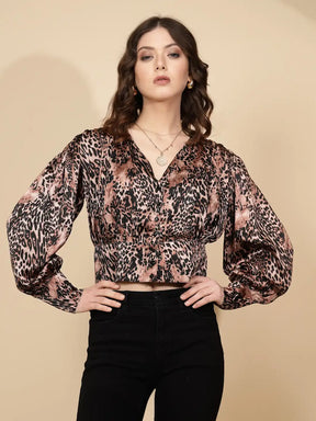 Brown Polycotton Regular Fit Blouson Top For Women