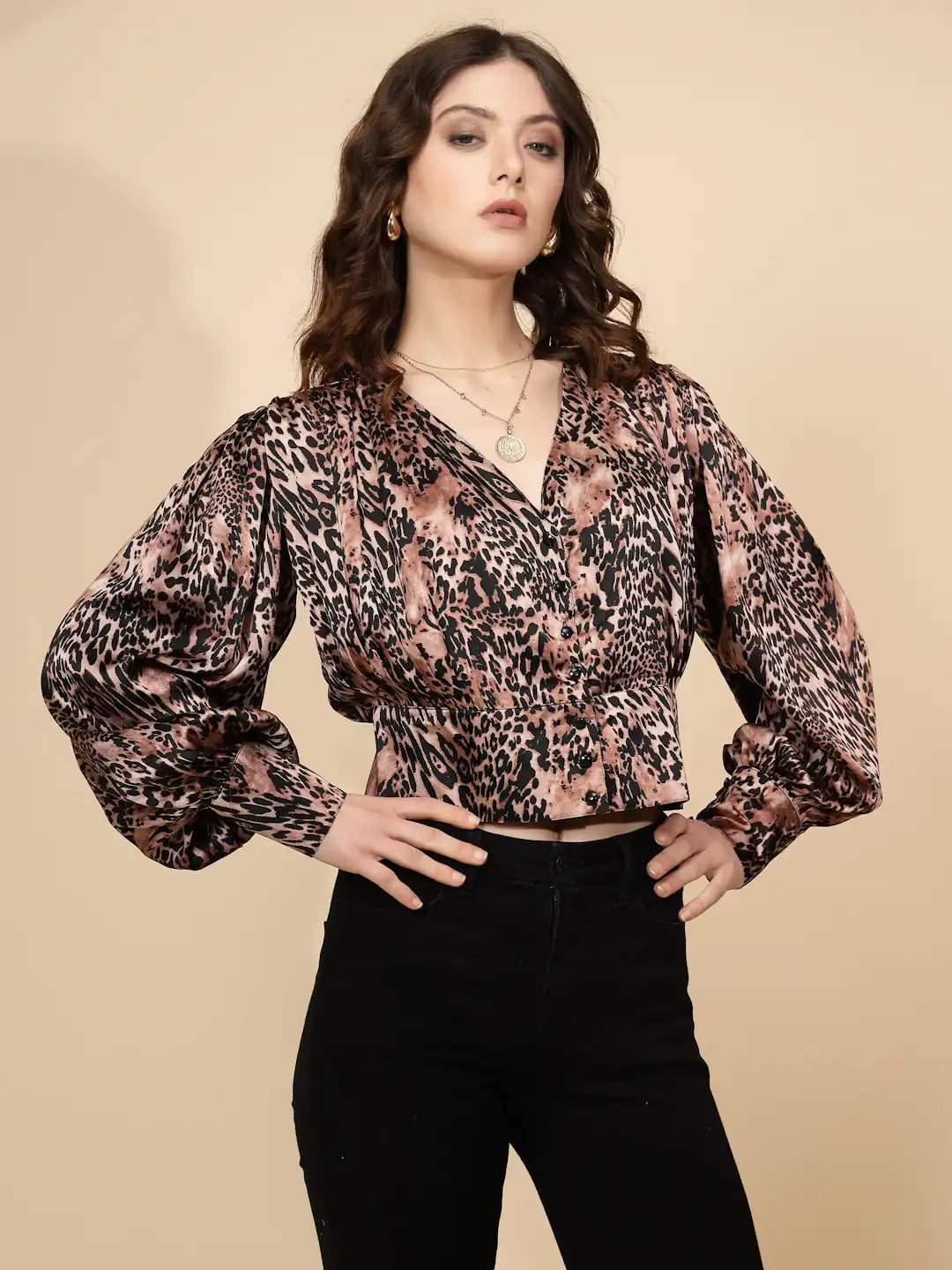 Brown Polycotton Regular Fit Blouson Top For Women