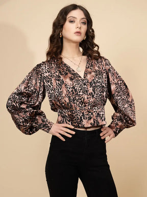 Brown Polycotton Regular Fit Blouson Top For Women