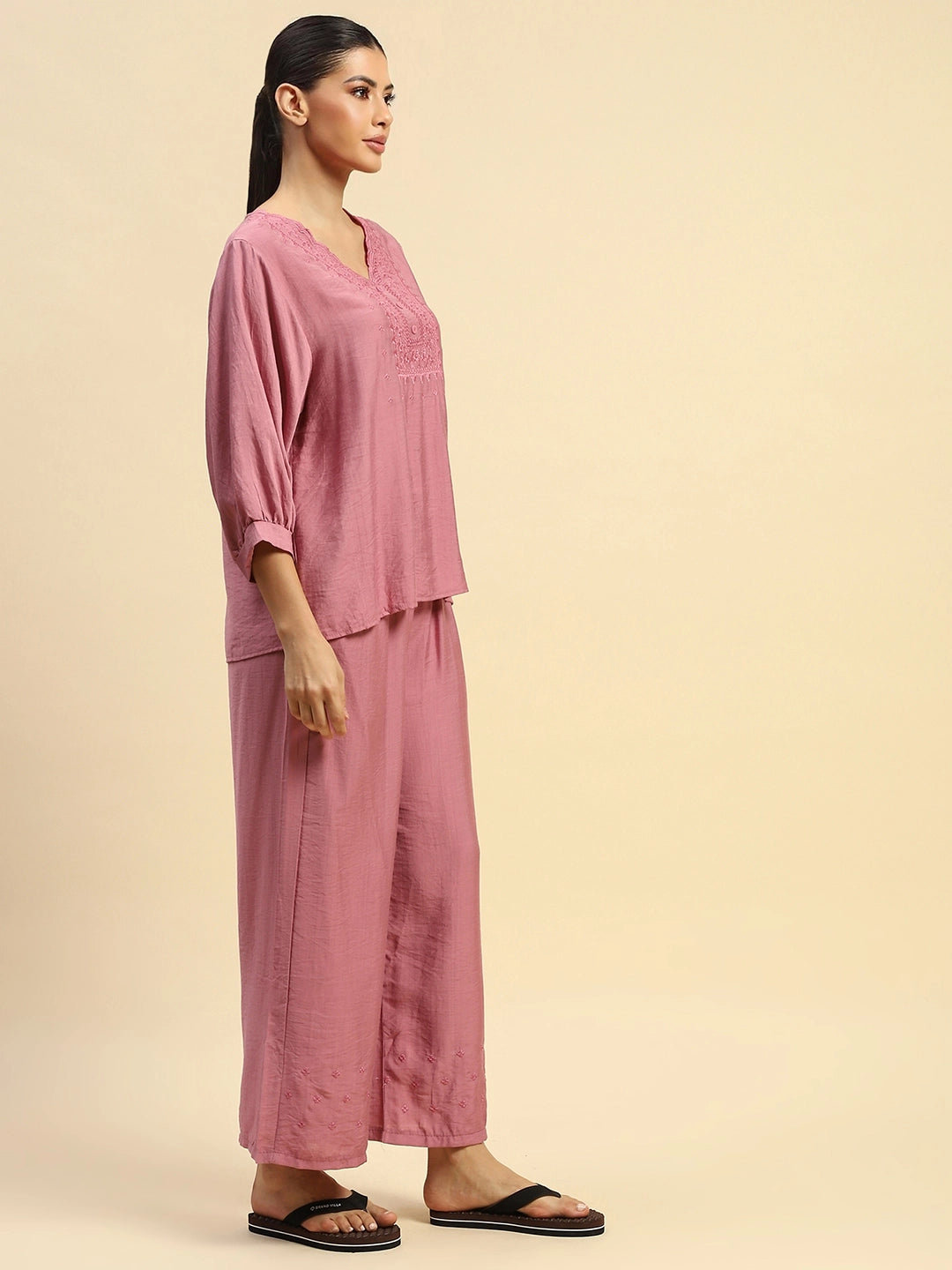 Dusty Pink Rayon Relaxed Fit Nightsuit - Global Republic