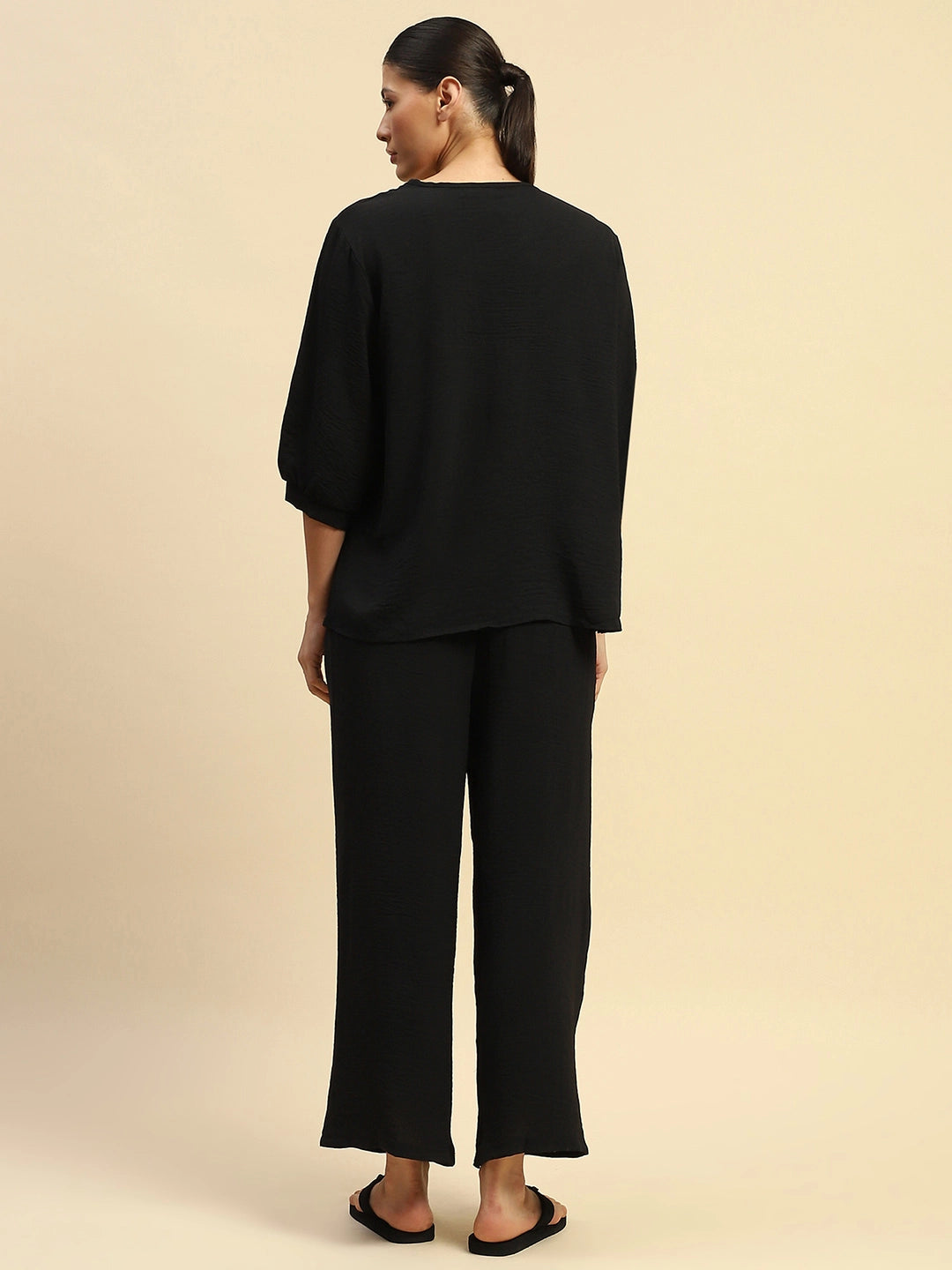 Black  Nylon Relaxed Fit Night Suit For Women - Global Republic