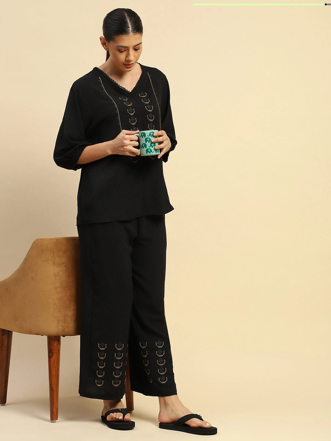 Black  Nylon Relaxed Fit Night Suit For Women - Global Republic