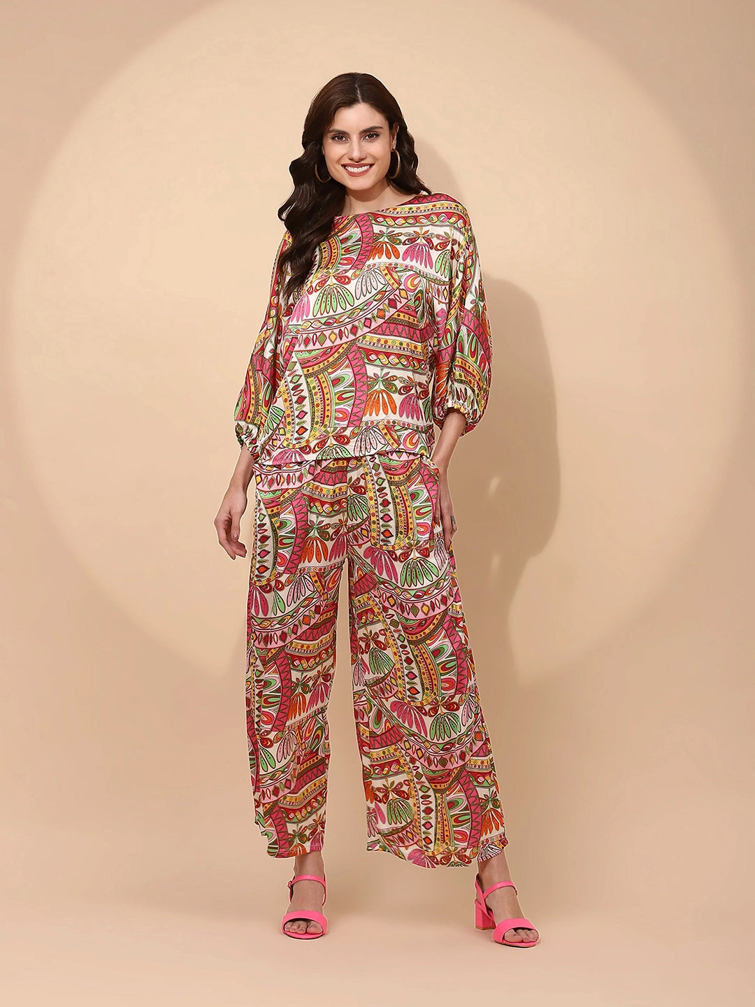 Multi Pink Satin Relaxed Fit Co-ord Set For Women - Global Republic