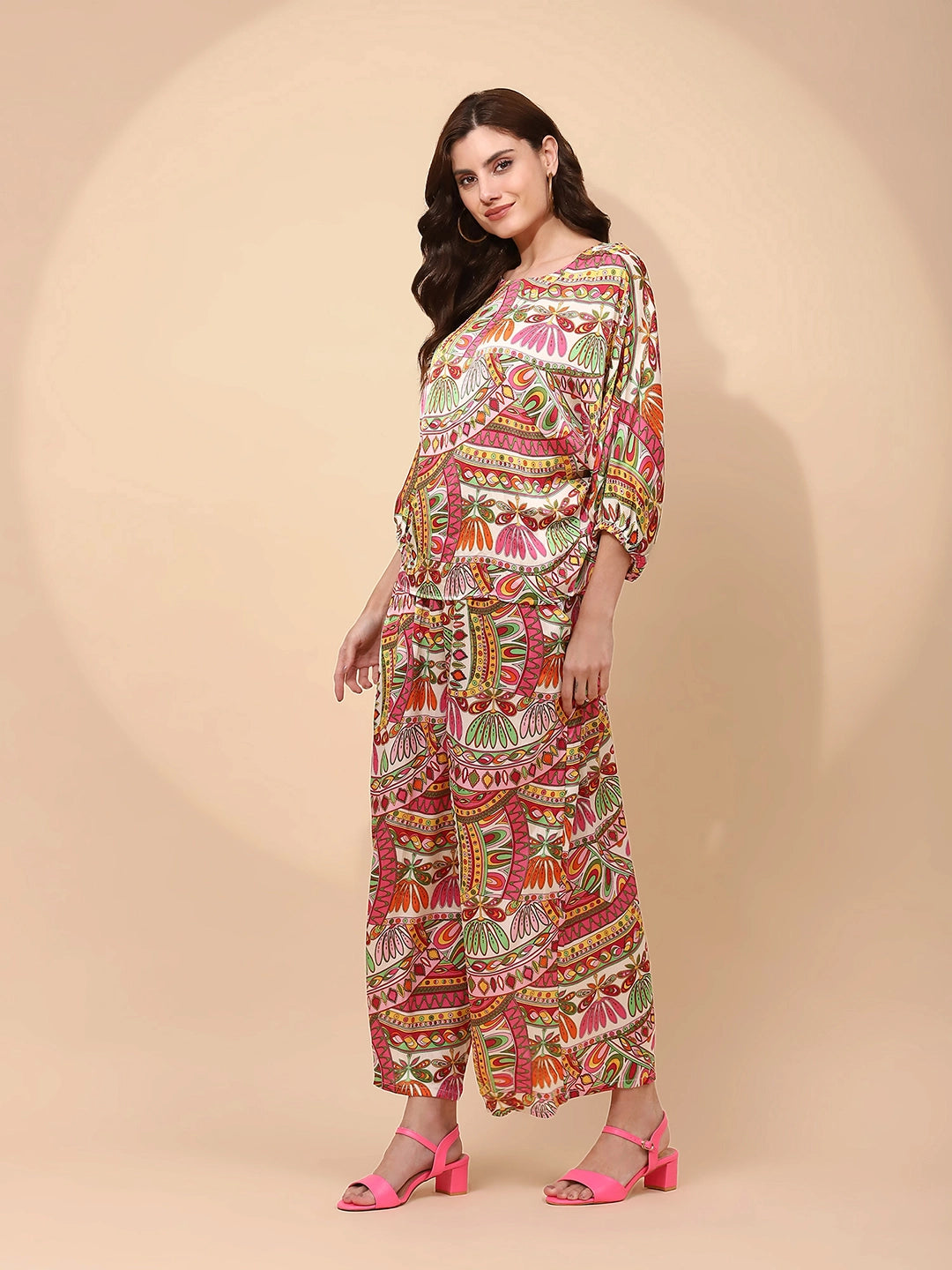 Multi Pink Satin Relaxed Fit Co-ord Set For Women - Global Republic