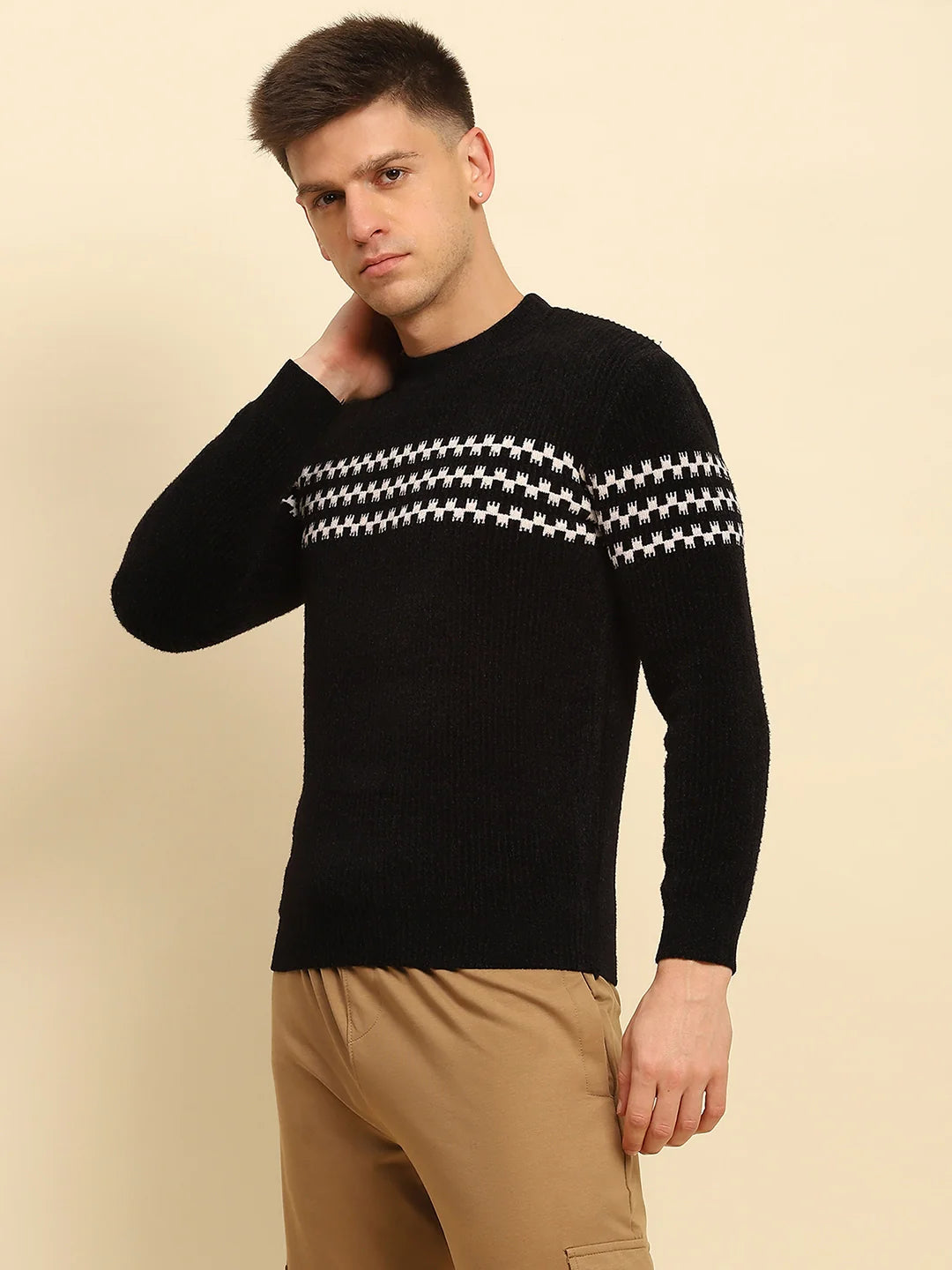 Black Poly Blend Geometric Pullover