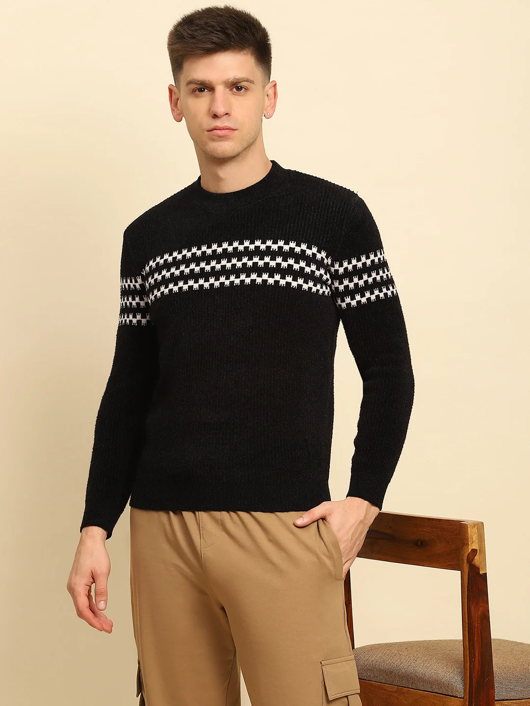 Black Poly Blend Geometric Pullover