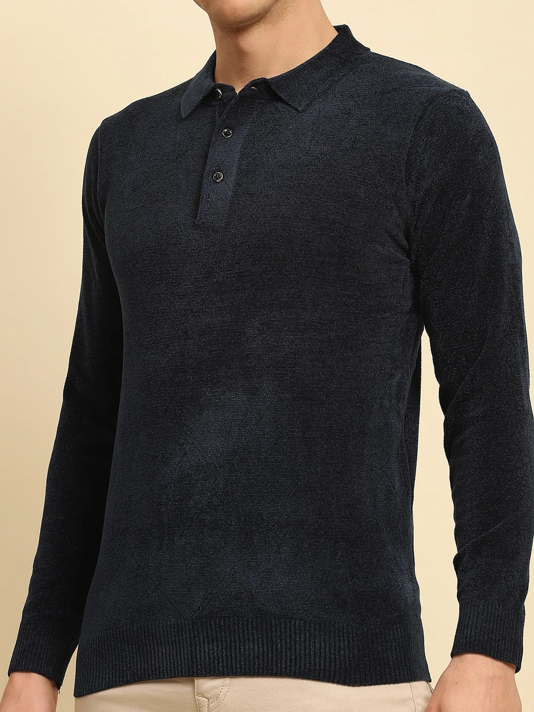 Navy Blue Velvet Blend Solid Regular Fit Pullover - Global Republic