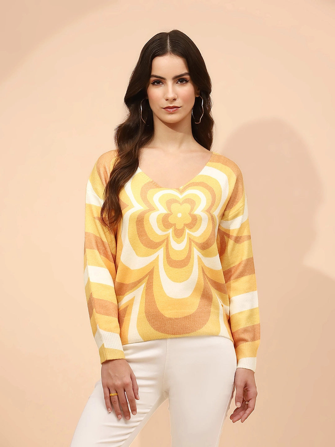 Yellow  Viscose Loose Winter Pullover - Global Republic