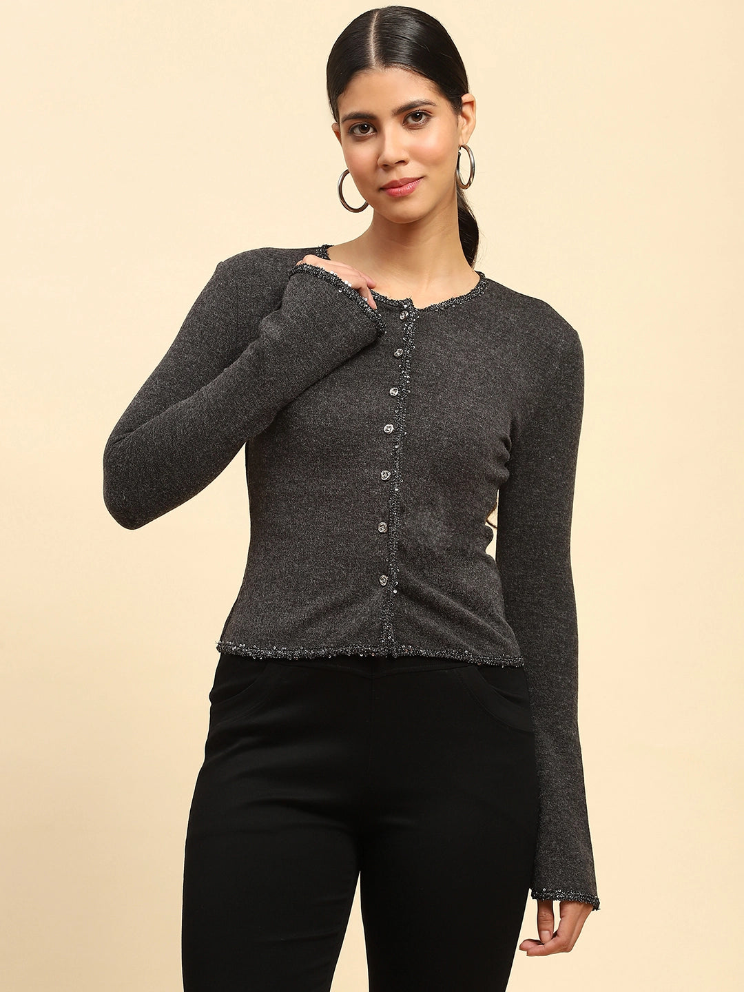 Grey Sequined  Cardigan - Global Republic