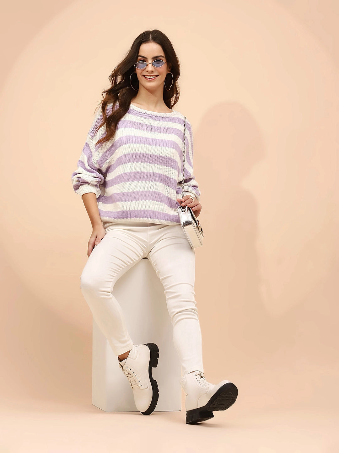 Purple Acrylic Loose Winter Pullover - Global Republic