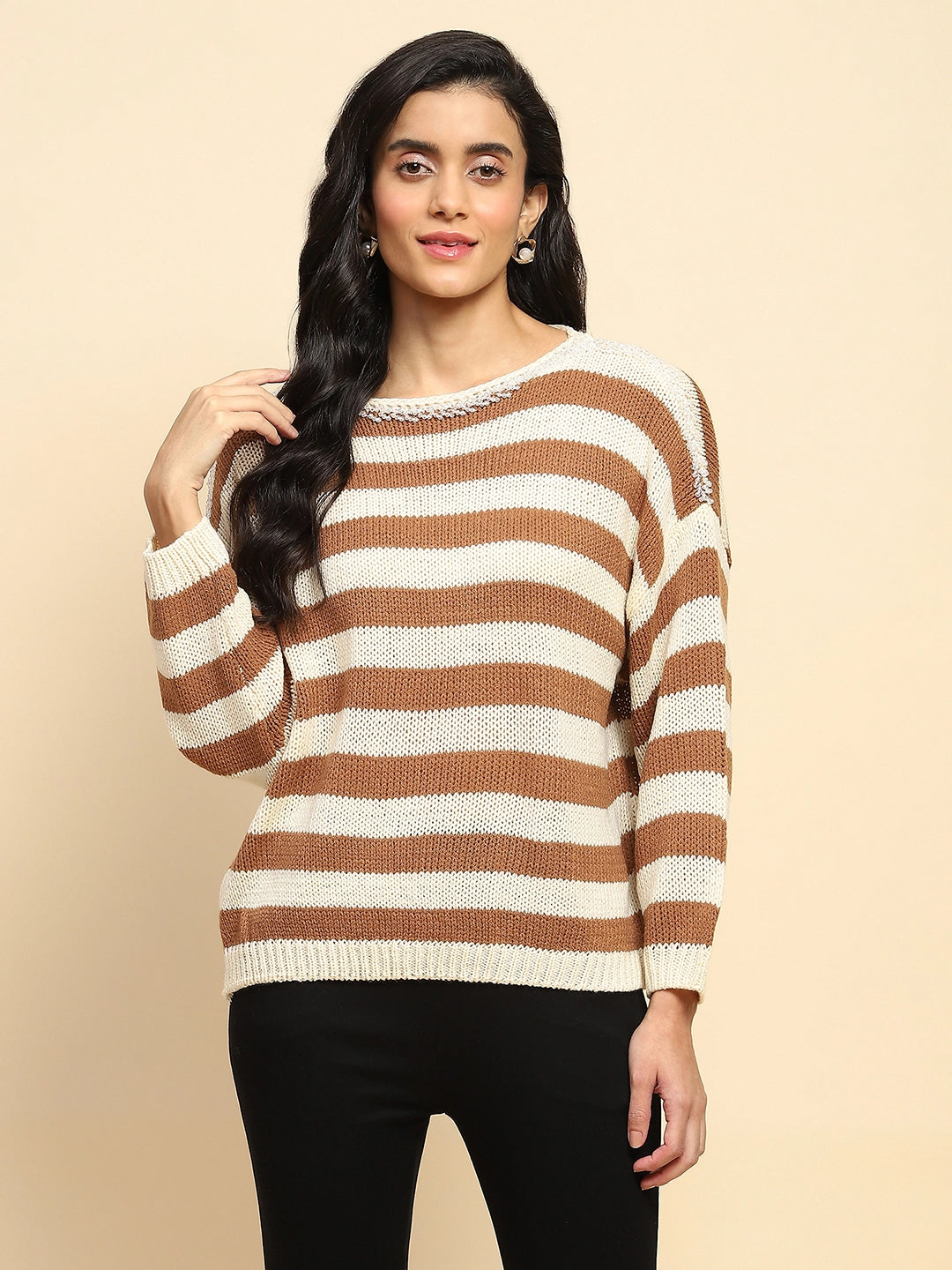 Brown Acrylic Striped Relaxed Pullover