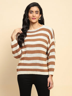 Brown Acrylic Striped Relaxed Pullover