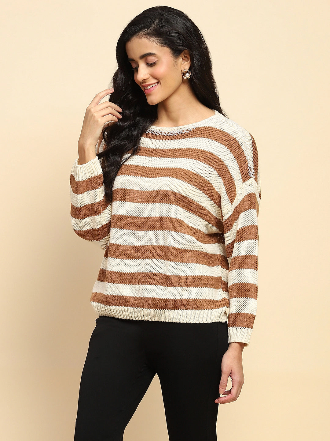 Brown Acrylic Striped Relaxed Pullover