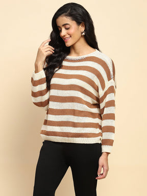Brown Acrylic Striped Relaxed Pullover