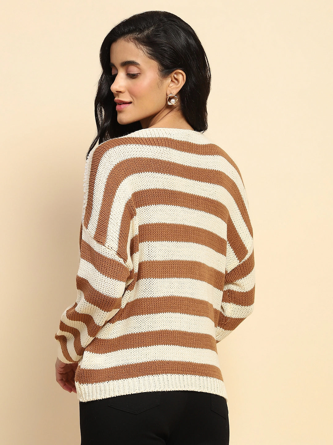 Brown Acrylic Striped Relaxed Pullover