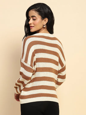 Brown Acrylic Striped Relaxed Pullover