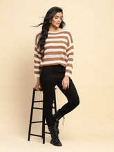 Brown Acrylic Striped Relaxed Pullover
