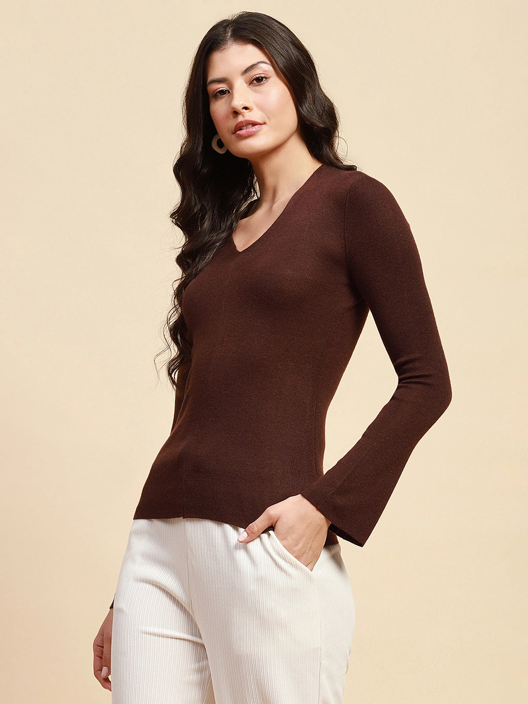 Brown  Slim Fit Winter Top - Global Republic