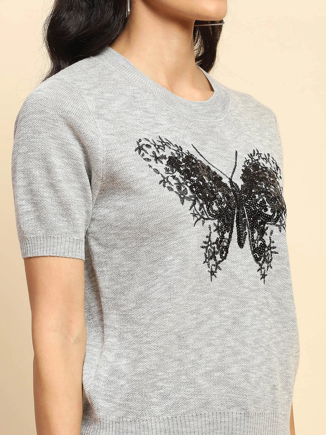 Grey Embellished Viscose Top - Global Republic