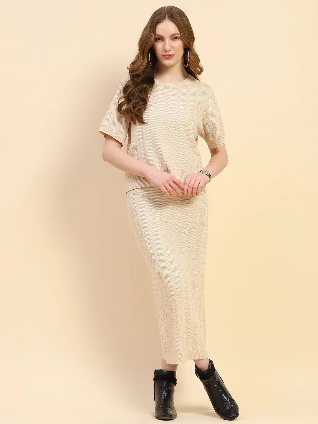 Beige Solid Viscose Blend Co-ord Set - Global Republic