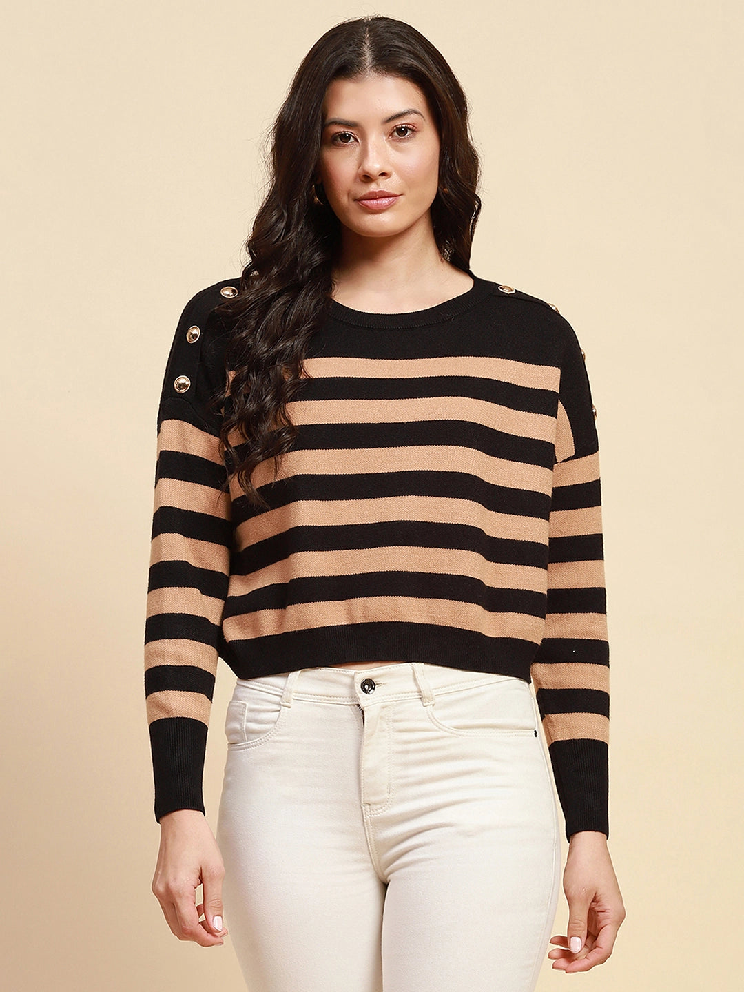 Beige Viscose Blend Boxy Fit Pullover For Women